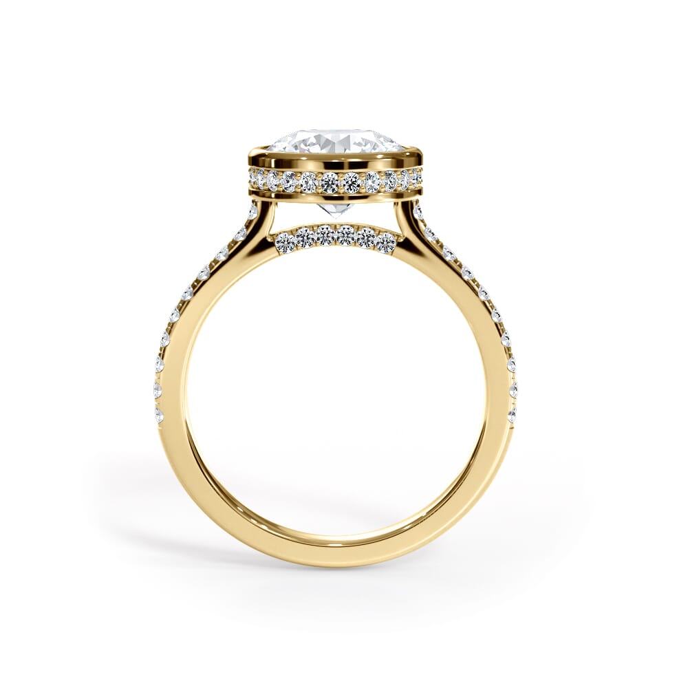 14K Yellow Gold Enigma Bezel Hidden Halo Pavé Band Engagement Ring